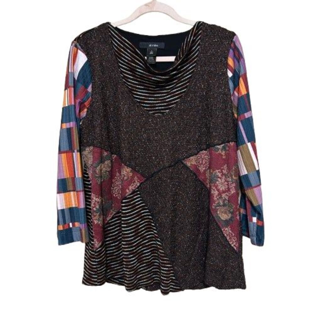 Ali Miles Mixed Media Patchwork Cowl Neck Tunic Top Womens Large 3/4 Sleeve Art